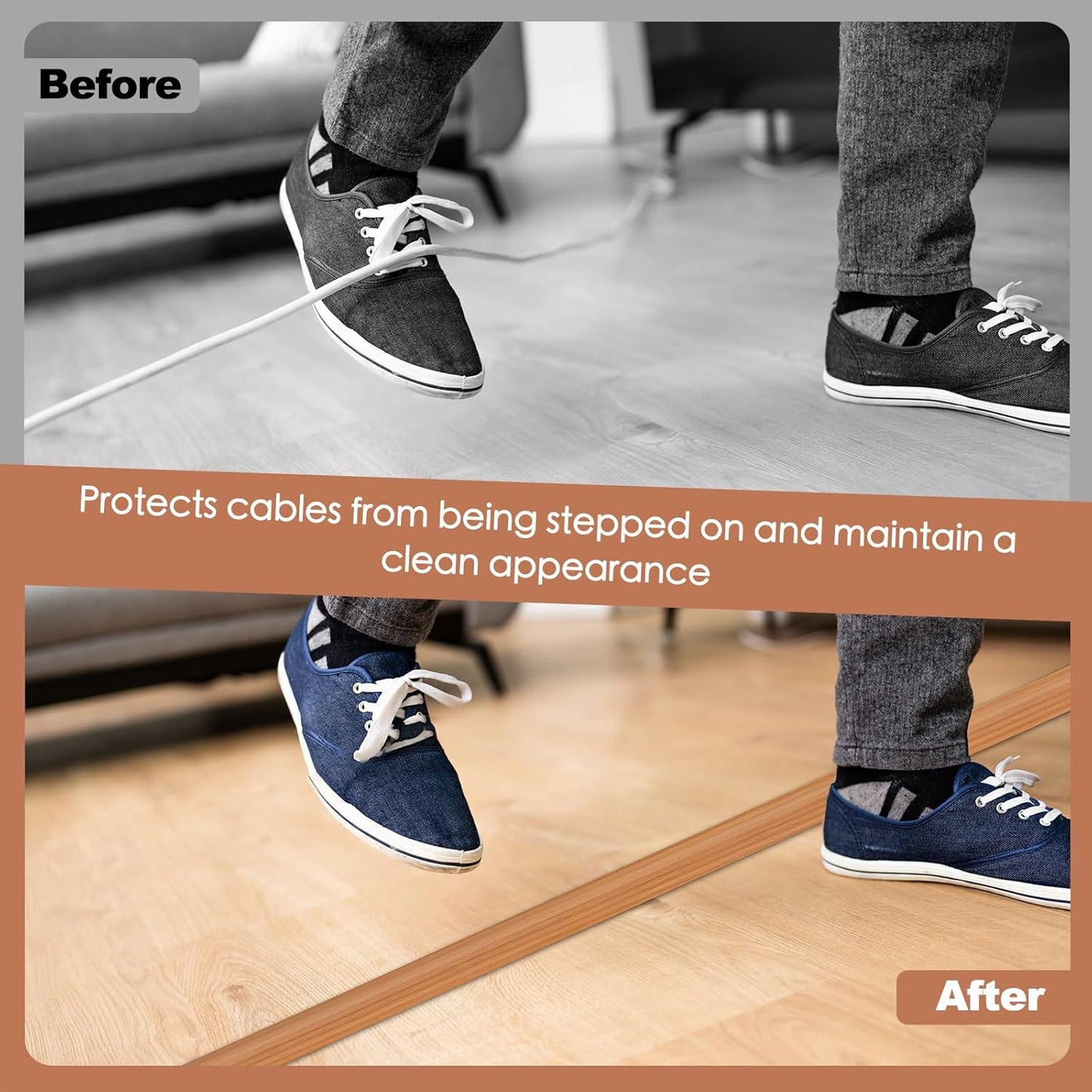 Floor Cord Cover for Wires on Floor Self Adhesive Cord Hider Floor Cable Management Wire Covers for Cords Protector Prevent Cable Trips Cord Cavity W 0.47" x H 0.27", Brown Wood, 3.3Ft