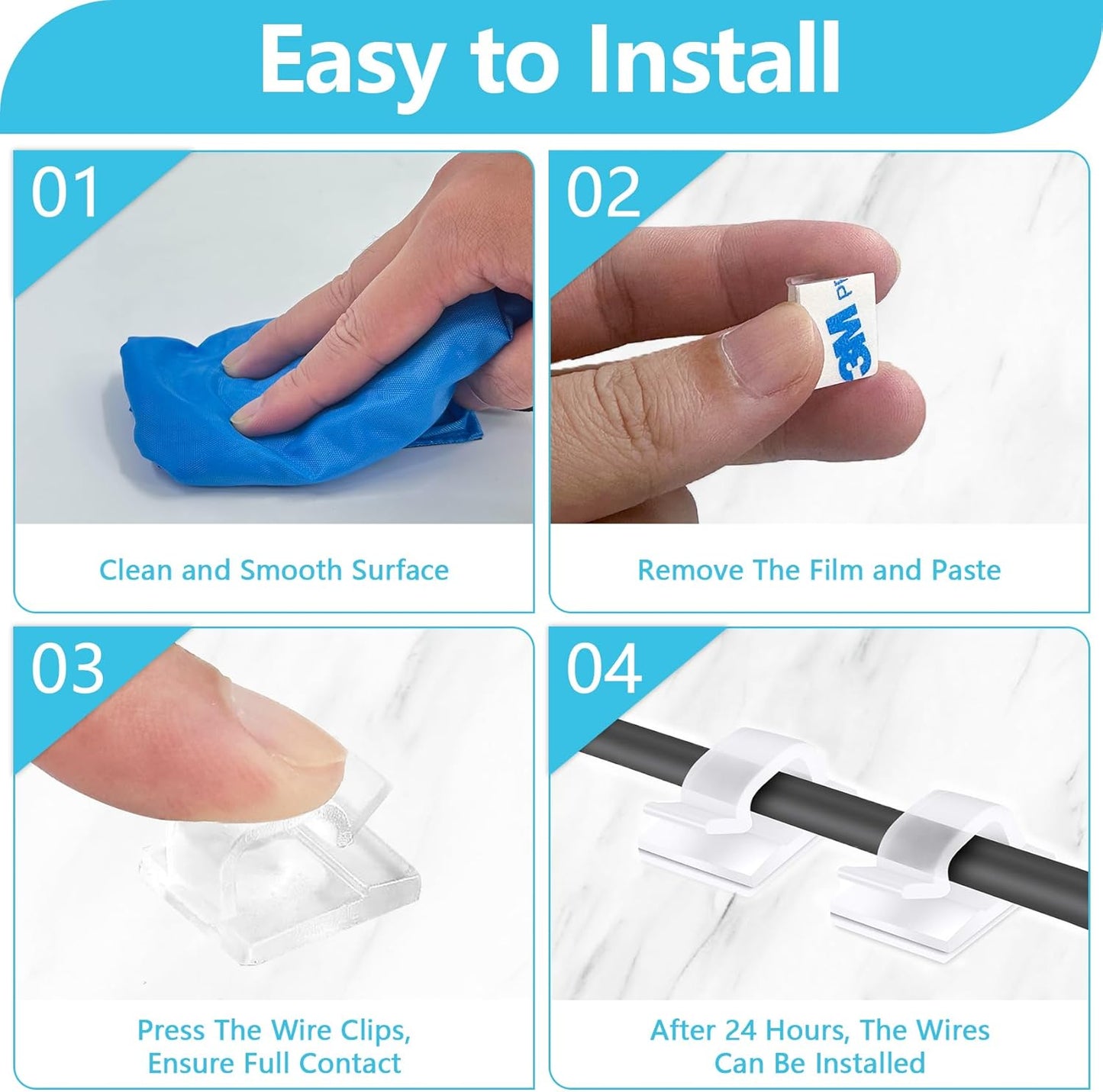 100PCS Adhesive Cable Clips, Wire Holder Organizer, Cord Management, Cable Staples, Christmas String Lights, White, Small