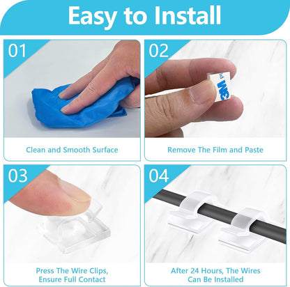 100PCS Cable Clips, Adhesive Wire Clips Organizer Cord Clips Management, Cable Staples Outdoor Strong for Wall, Desk, Christmas Lights, String Lights, TV PC Ethernet Cable, Clear Small