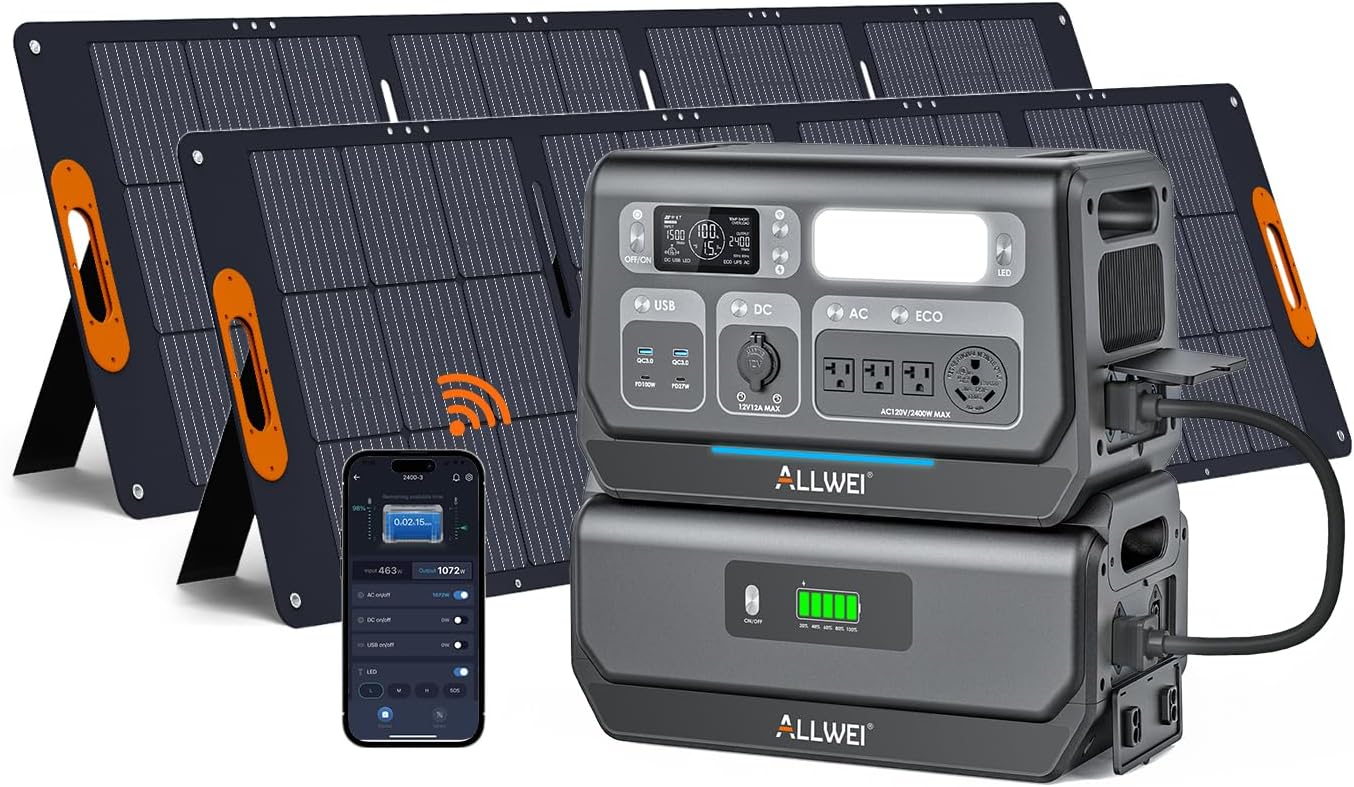 ALLWEI LiFePO4 Solar Generator 2400W with 2x 200W Solar Panels & B200 PRO Expansion Battery, 4096Wh Portable Power Station, Fast Charge in 1.5H, UPS Battery Backup for RV Camping Home Off-Grid