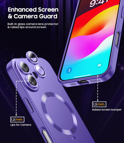Magnetic for iPhone 16 Case [Compatible with MagSafe][Built-in Camera Lens Protector] Slim Soft Silicone Bumper Shockproof Metallic Luster Phone Case (Purple)