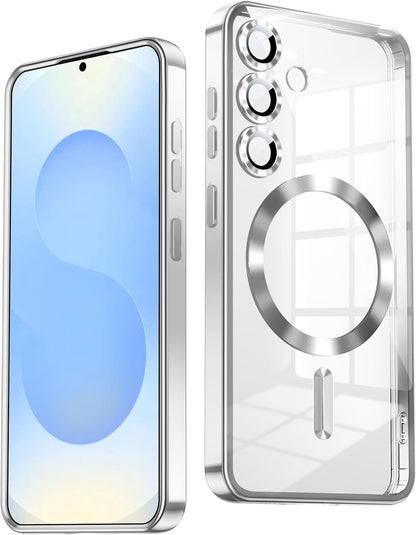 Slim Thin for Samsung Galaxy S25 Plus Case, Compatible with MagSafe, Built-in Camera Lens Protector, Shockproof Protective Phone Case, Soft Electroplated Clear Cover, Silver