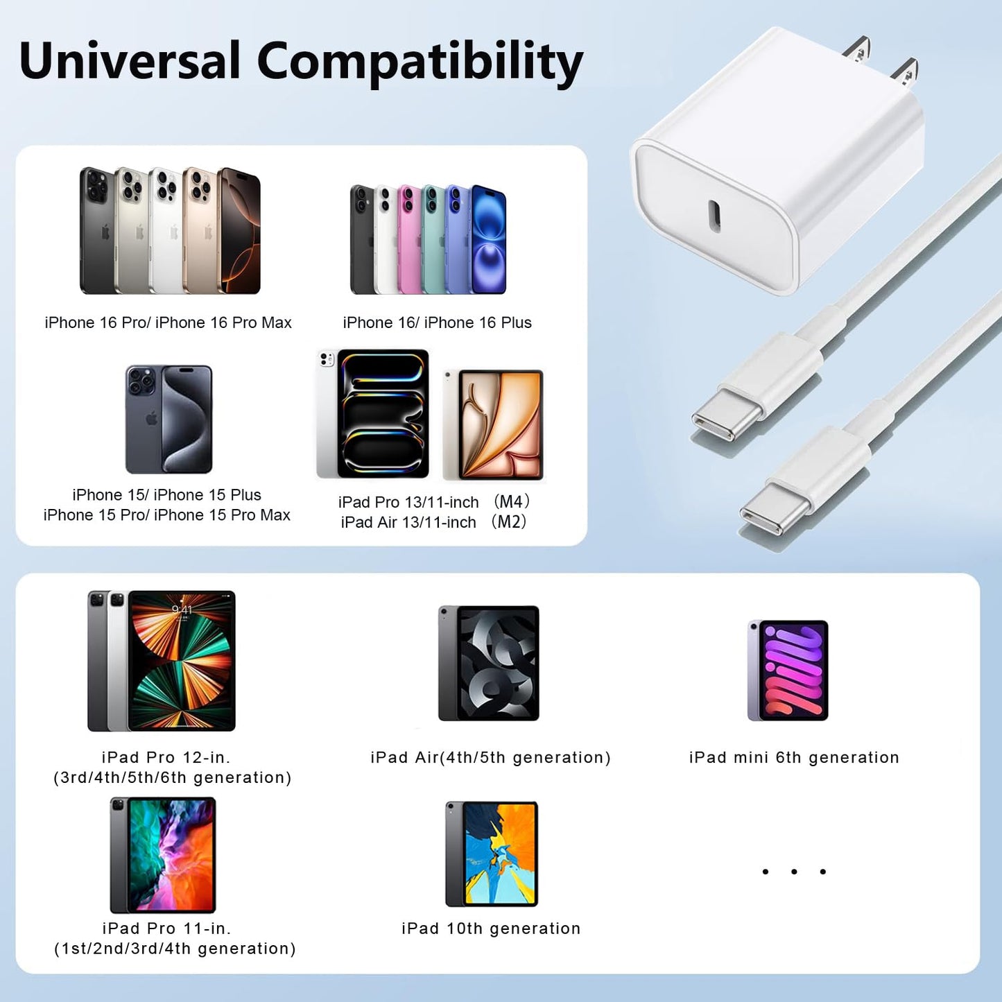 iPhone 16/15 Charger Fast Charging 20W USB Type C Charger Block 3Pack C Chargers Fast Charging Cord 10FT Long Charger Cable for iPhone16/16 Plus/16 Pro/16 Pro Max,iPhone 15,iPad Pro 12.9"/11",iPad Air