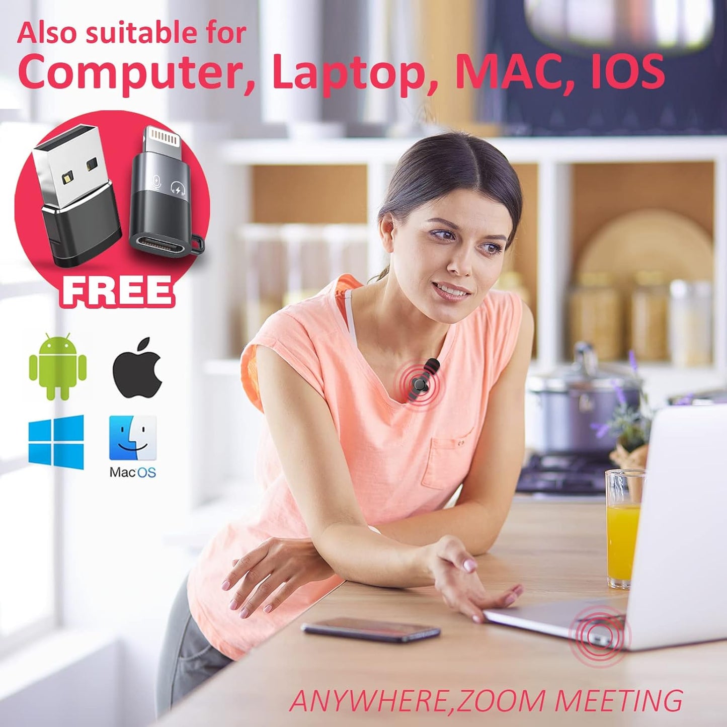 Wireless Clip Mic, Wireless Lavalier Microphones, Lapel Clip-on Microphone, for iPhone 15, Smartphone, Laptop, Video Recording, Tiktok, Facebook Live, YouTube Live Stream