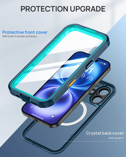 Lanhiem Magnetic for iPhone 16 Case, IP68 Waterproof Dustproof Case, [Compatible with Magsafe] [Built-in Screen Protector] Full Body Heavy Duty Rugged Phone Cover 6.1 inch, Blue/Clear