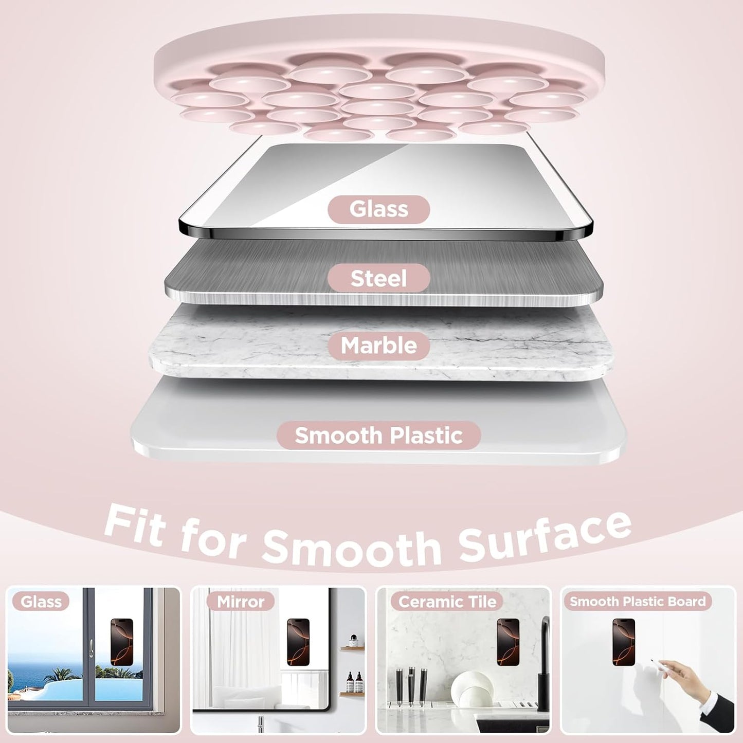 Magnetic Suction Cup Mount for MagSafe Case, Silicone Hands-Free Grip Holder for iPhone and Android, Mirror Shower Phone Stand for Makeup FaceTime Gym Kitchen Bathroom, Lovely Pink