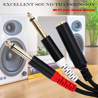 1/4 TRS Female to Dual 1/4 TS Y Splitter Cable Adapter, 1/4" Female TRS to Dual 6.35mm TS Male Adapter, 6.35mm 1/4 Inch Female to Two 6.35mm 1/4 inch TS Stereo Breakout Cable - 1 ft
