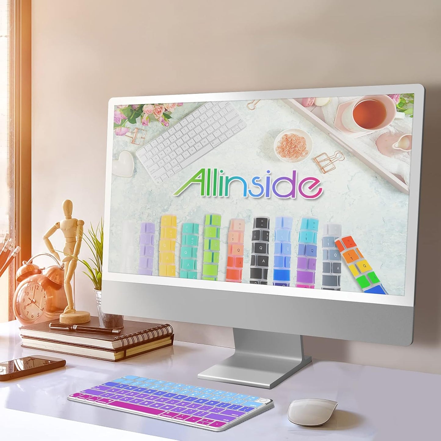 Allinside Silicone Keyboard Cover for iMac Magic Keyboard A2449/A2450, Protective Skin for iMac 24" Wireless Keyboard Released in 2021, US Layout, Ombre Blue Pink