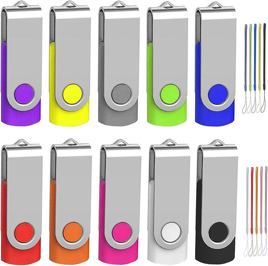 64GB Flash Drive 10 Pack, Wooolken USB 2.0 Thumb Drive Bulk Pen Drive Metal Swivel Memory Stick 64GB 10 Colors Multipack Value Zip USB Drives with Lanyard