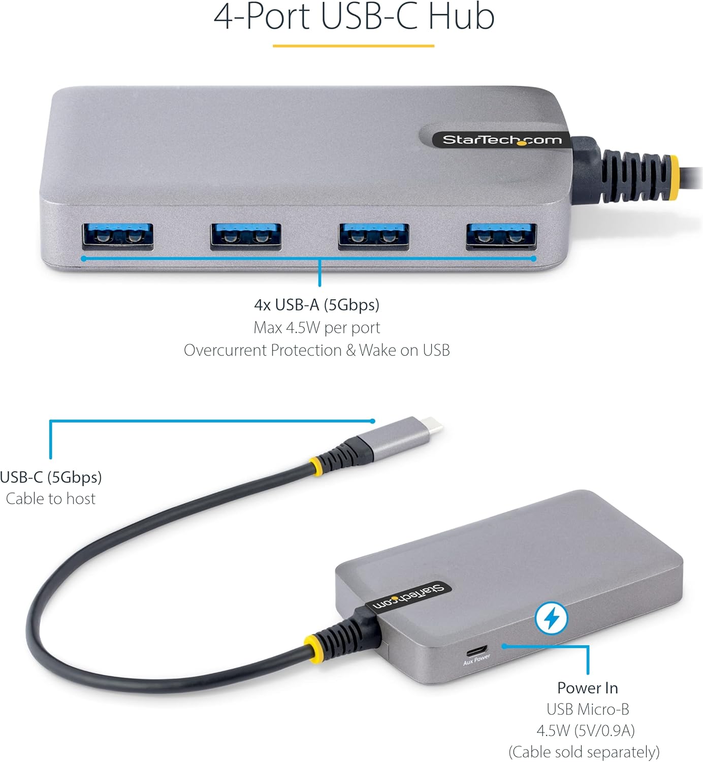 StarTech.com 4-Port USB-C Hub - 5Gbps - Bus Powered - USB C to 4x USB-A Hub w/ Optional Auxiliary Power Input - Portable Desktop/Laptop USB Hub - 1ft (30cm) Cable - USB Expansion Hub (5G4AB-USB-C-HUB)