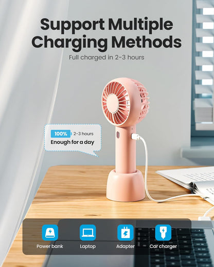 Gaiatop Mini Portable Fan, Small and Powerful, Cute Design 3 Speed Personal Handheld fan and Desktop with Base, Lightweight USB Rechargeable for Travel Lash Makeup Girl Women Summer Gift Pink