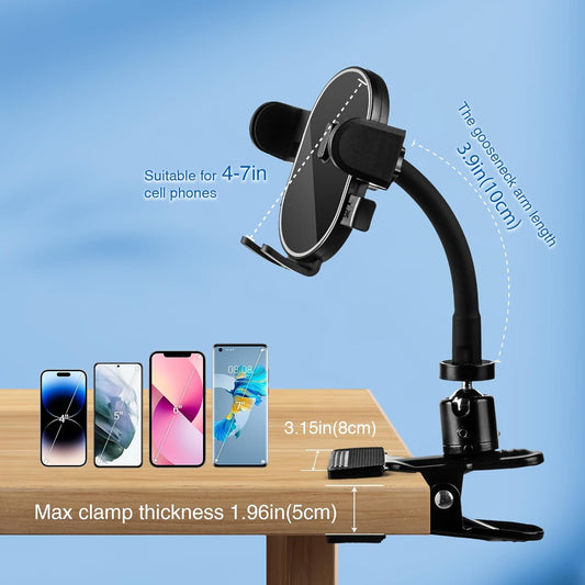 ROCKFREE Clip Phone Holder with 360° Gooseneck Arm & Auto-Locking Clamp,Short/Medium/Long Arm Options for Desk, Mic Stand, Table,Treadmill – Fits 4-7" Smartphones(Short-3.9 inch Arm)