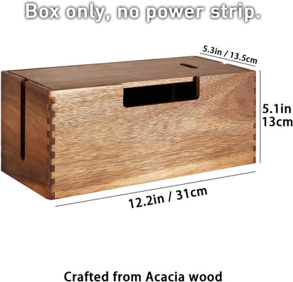 Acacia Wood Cable Management Box, Wooden Cord Hider & Organizer for Power Strip, Electrical Hiding, TV Wires, Desk & Floor Cables - Office Under Desk Cable Storage Box for Wire Storage Organization