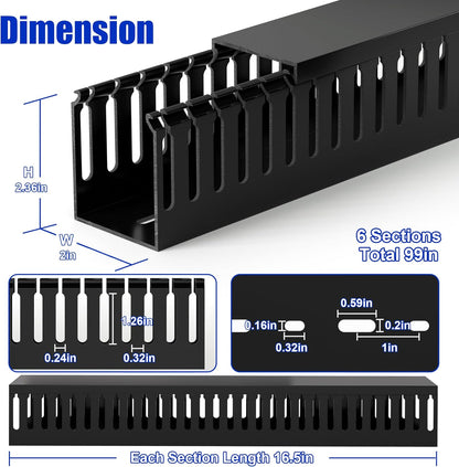 99in (6x L16.5in) Professional Server Rack Cable Management Raceway, H2.4in x W2in Large Capacity Cable Raceway Kit, Electrically Safe PVC, Open Slot Wire Raceway for Under Desk/Computer/Network Cords