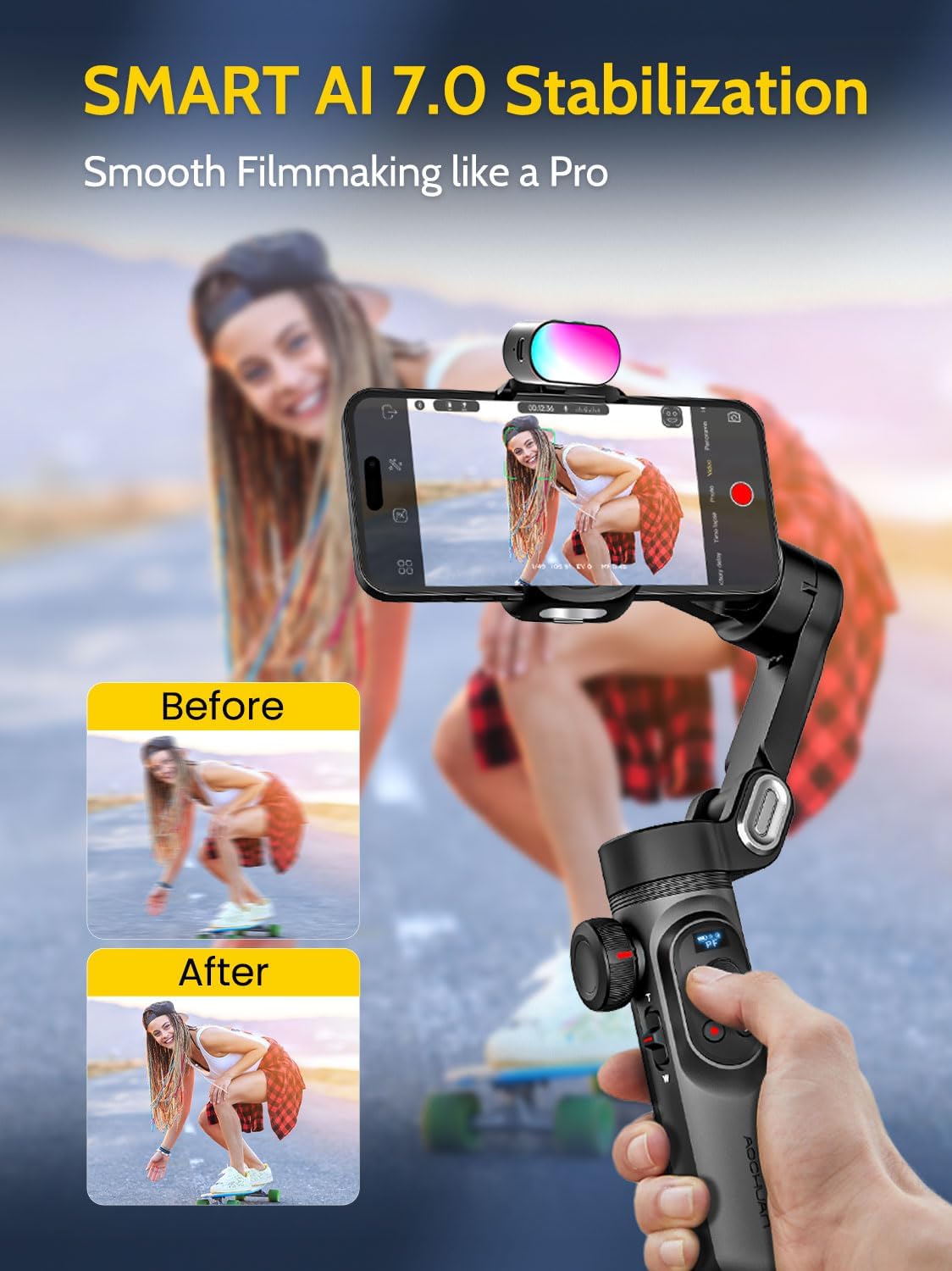 Professional Gimbal Stabilizer for Smartphone,RGB Magnetic Refill Light,OLED Display LED Light,face Tracking,Gesture Control,Professional 3-axis stabilizer for Android &iPhone, AOCHUAN XPRO KIT Black