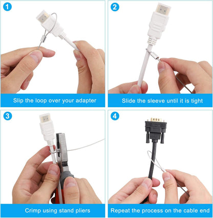 Cable Tethers 10 Pack with Crimping Tool (12 Inches, White Color), Adjustable Security Cable Look, Universal DIY Adapter Tethering Ties Kit for Computer Cord, Pre-Assembled, Tamper-Resistant