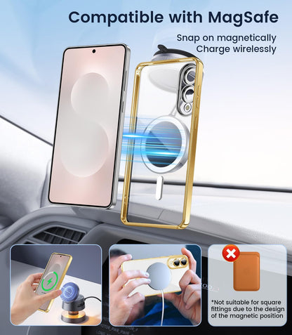 Slim Thin for Samsung Galaxy S25 Edge Case, Compatible with MagSafe, Built-in Camera Lens Protector, Shockproof Protective Phone Case, Soft Electroplated Clear Cover, Gold