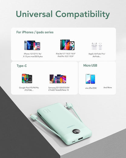 VEGER Portable Charger for iPhone with Built in Cables and Wall Plug, 10000mah Slim Fast Charging USB C Power Bank, Travel Essential Battery Pack Compatible with iPhone, iPad, Samsung etc(Green)