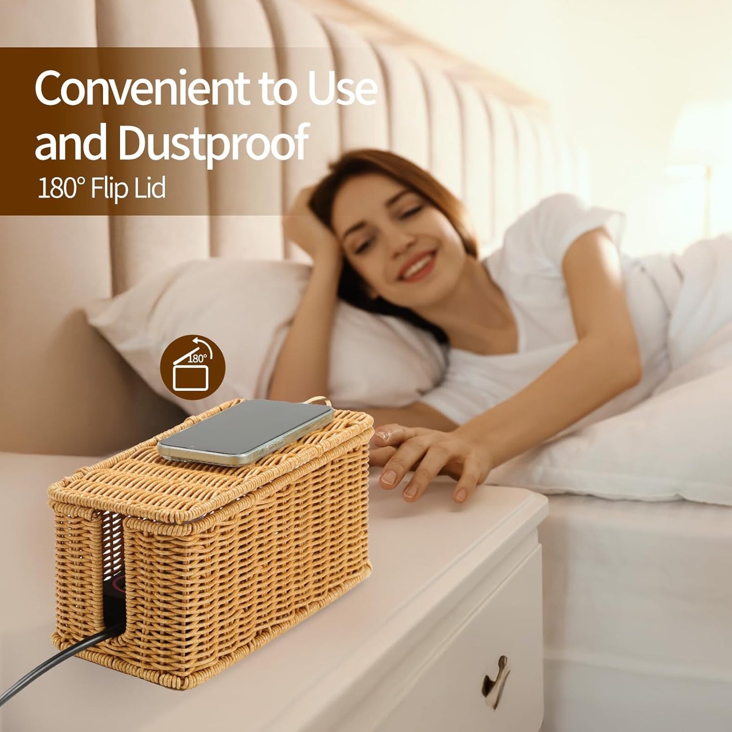 Delamu Handmade Rattan Cable Management Box, Cord Organizer with 2 Open Slots, Desk Cord Box Hider for Computer Router USB Hub Power Strip, 12.5" Lx 5.1" Wx 5.1" H, Natural