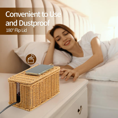 Delamu Handmade Rattan Cable Management Box, Cord Organizer with 2 Open Slots, Desk Cord Box Hider for Computer Router USB Hub Power Strip, 12.5" Lx 5.1" Wx 5.1" H, Natural