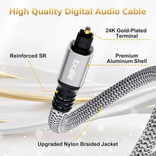 Optical Audio Cable 30 FT, Digital Audio Cable, Toslink Fiber Optic Cord, [Nylon Braided, Slim Aluminum Shell, Gold Plated Connector], for Home Theater, Sound Bar, PS4, Xbox, TV and More