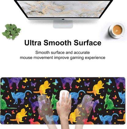 Colorful Cats and Butterflies Desk Mat,Large Watercolor Kittens Butterfly Gaming Keyboard Mouse Pad,Non-Slip Rubber Base Desk Pad Thick Stitched Edges Waterproof Mousepad Mouse Mat 31.5"x11.8"