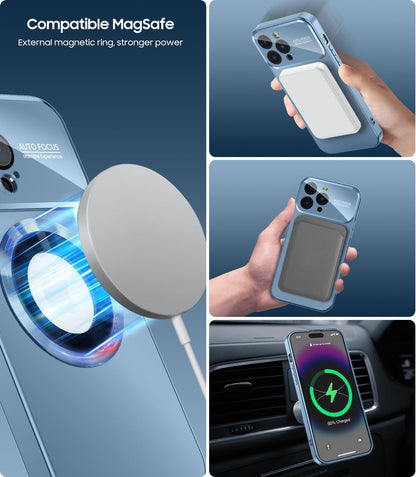 Magnetic for iPhone 13 Pro Case, Built-in Camera Lens Protector, Compatible with MagSafe, Logo View, Military Grade Protective Phone Cover, Sierra Blue