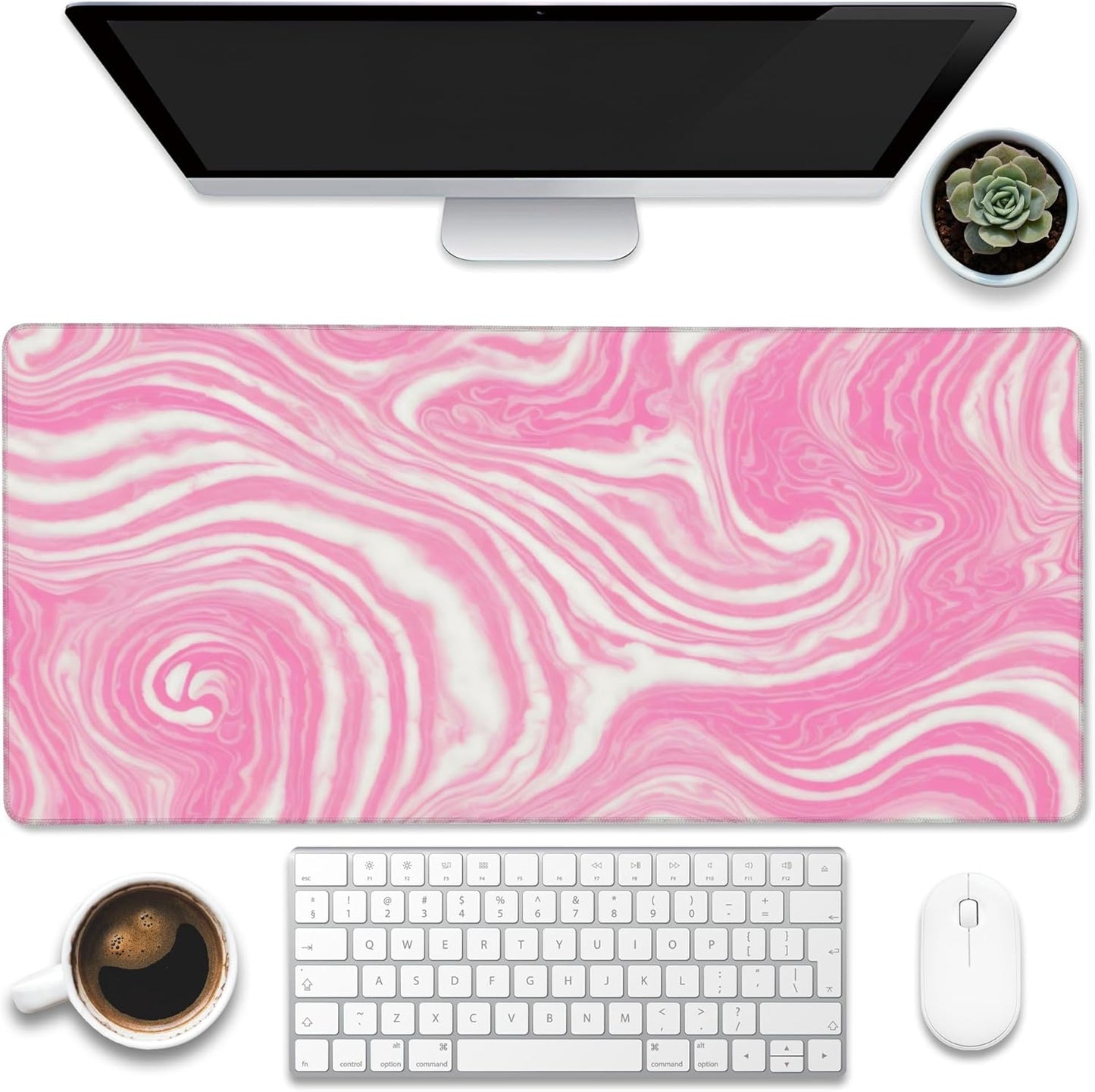 Desk Pad,Pink Marble Swirls Texture Desk Mat,Flow Liquid Waves Large Gaming Mouse Pad for Desk,Extended Big Computer Keyboard Mouse Pad with Non-Slip Base and Stitched Edge,35.4"x15.7"