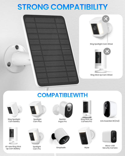 5W Solar Panel for Ring Camera, Solar Panel Charger Compatible with Ring Spotlight Plus/Pro Stick Up Outdoor Cam Battery, 9.8ft Cable with USB-C to Barrel Plug Adapter & Micro-USB Adapter, 4 Pack