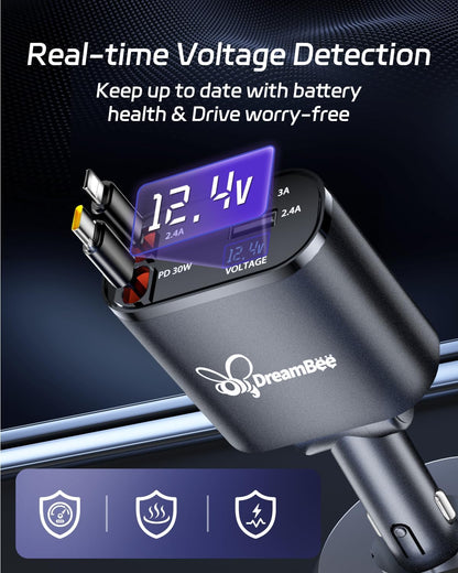 DreamBee Retractable Car Charger,66W 4 in 1 Super Fast Charge Car Phone Charger,Gifts for Men Women Car Truck Accessories for iPhone 15/14/13/12 Pro Max XR,iPad,Samsung,Pixel