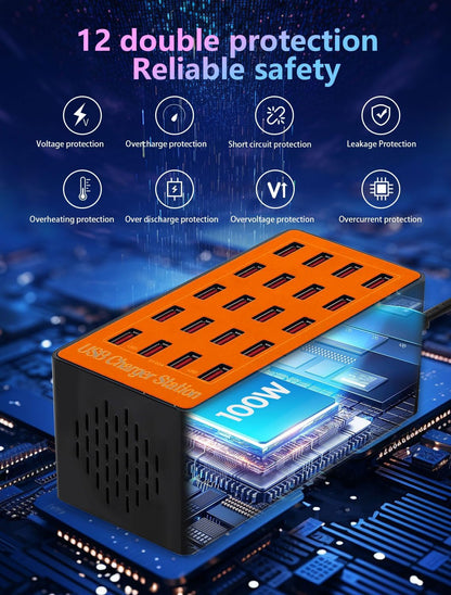 Charging Station, 100W20Port USB Charging Station, Multiple USB Charger Station, Charging Station for Multiple Devices, Multi USB Charging Station