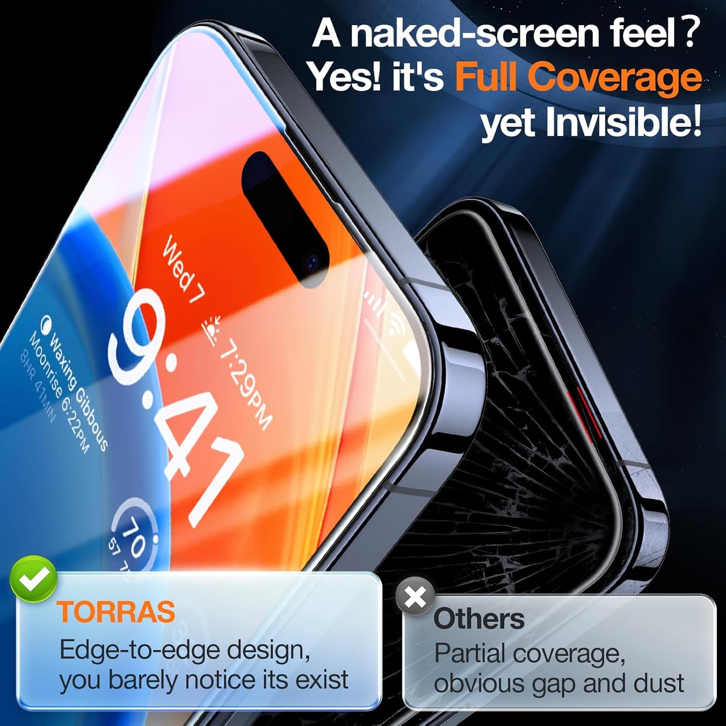 TORRAS Screen Protector for iPhone 2023 Diamond Shield Shatterproof Full Coverage, 6.7 inch, 2 Pack