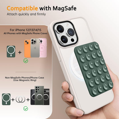 GONEZ Magnetic Suction Cup Phone Mount for MagSafe Case, Removable Silicone Sticky Grip for iPhone 12/13/14/15/16, Hands-Free Selfies and Videos for TikTok & Instagram Influencer/Creator, Army Green