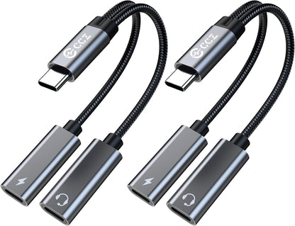 2PCS USB C Headphone Splitter,CCZ CA01 USB C to Type C Headphone Jack and Charger Adapter, 1 in 2 out Dongle Hi-Res DAC Audio Cable with PD 60W Fast Charging for Samsung Galaxy S25 S24 S23 (USBC-USBC)