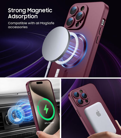 Magnetic for iPhone 15 Pro Case [Compatible with MagSafe][Built-in Camera Lens Protector] Slim Soft Silicone Bumper Shockproof Metallic Shine Phone Case (Burgundy)
