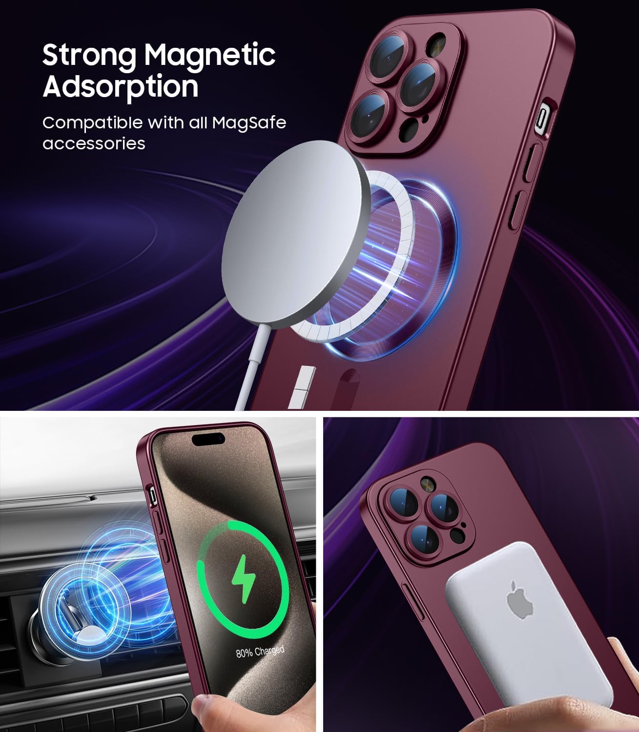 Magnetic for iPhone 15 Pro Max Case [Compatible with MagSafe][Built-in Camera Lens Protector] Slim Soft Silicone Bumper Shockproof Metallic Luster Phone Case (Burgundy)