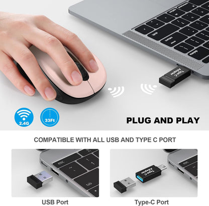 WisFox 2.4G Wireless Mouse for Laptop, Ergonomic Computer Mouse with USB Receiver and Type-C Adapter, 3 Adjustable Levels DPI, 6 Button Cordless Wireless Mice (Pink)