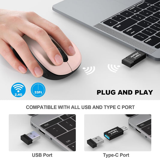 WisFox 2.4G Wireless Mouse for Laptop, Ergonomic Computer Mouse with USB Receiver and Type-C Adapter, 3 Adjustable Levels DPI, 6 Button Cordless Wireless Mice (Pink)