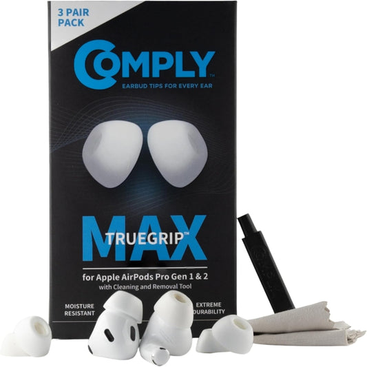 Comply TrueGrip MAX | Premium Memory Foam Replacement Earbud Tips for Apple AirPods Pro 1 & 2 | Long Lasting Comfort, Extreme Durability, Secure Fit, Superior Noise Isolation| White (Medium) (3 Pairs)