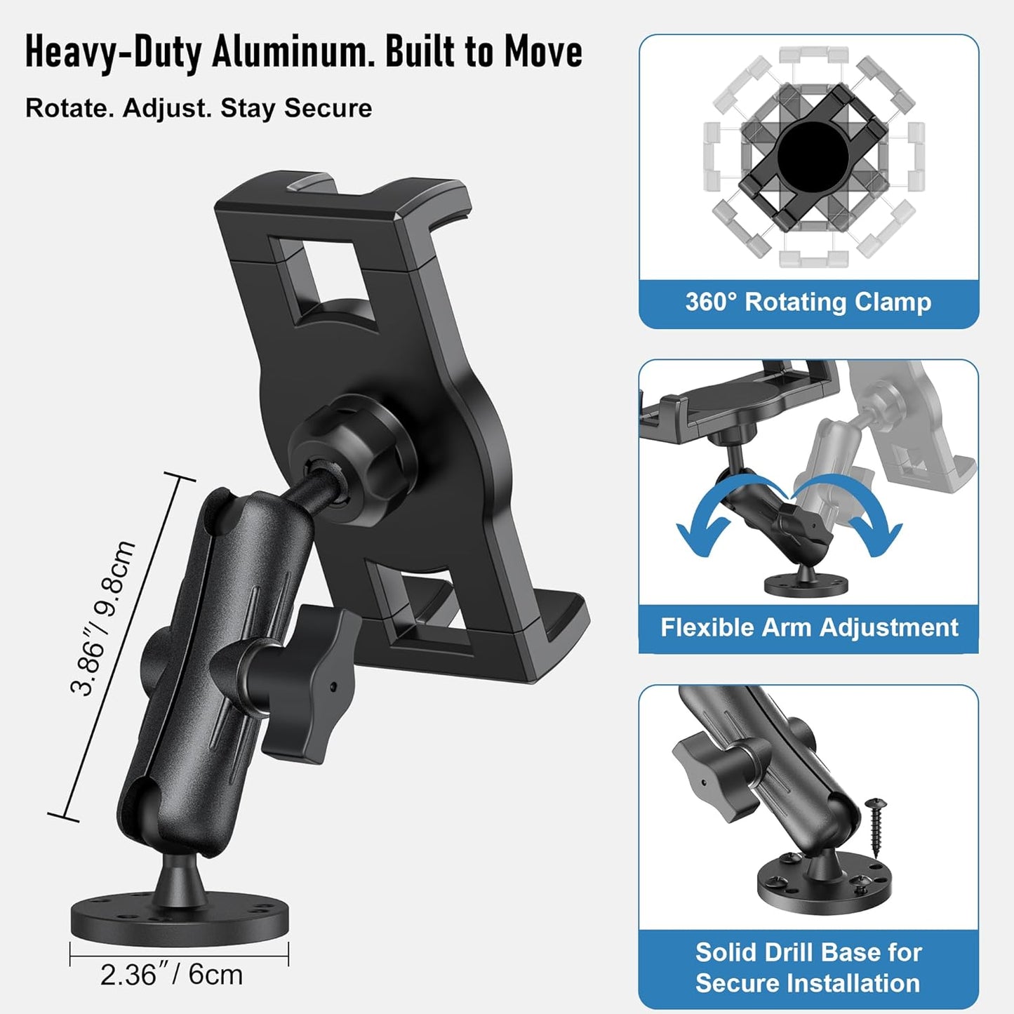Industrial Tablet Mount for Truck&Vehicle, Heavy Duty Drill Base iPad Mount Holder for Car, Adjustable Aluminum Arm, Compatible w/ 4.7"-12.9" Devices, Perfect for Dashboard, Boats, Walls–Black