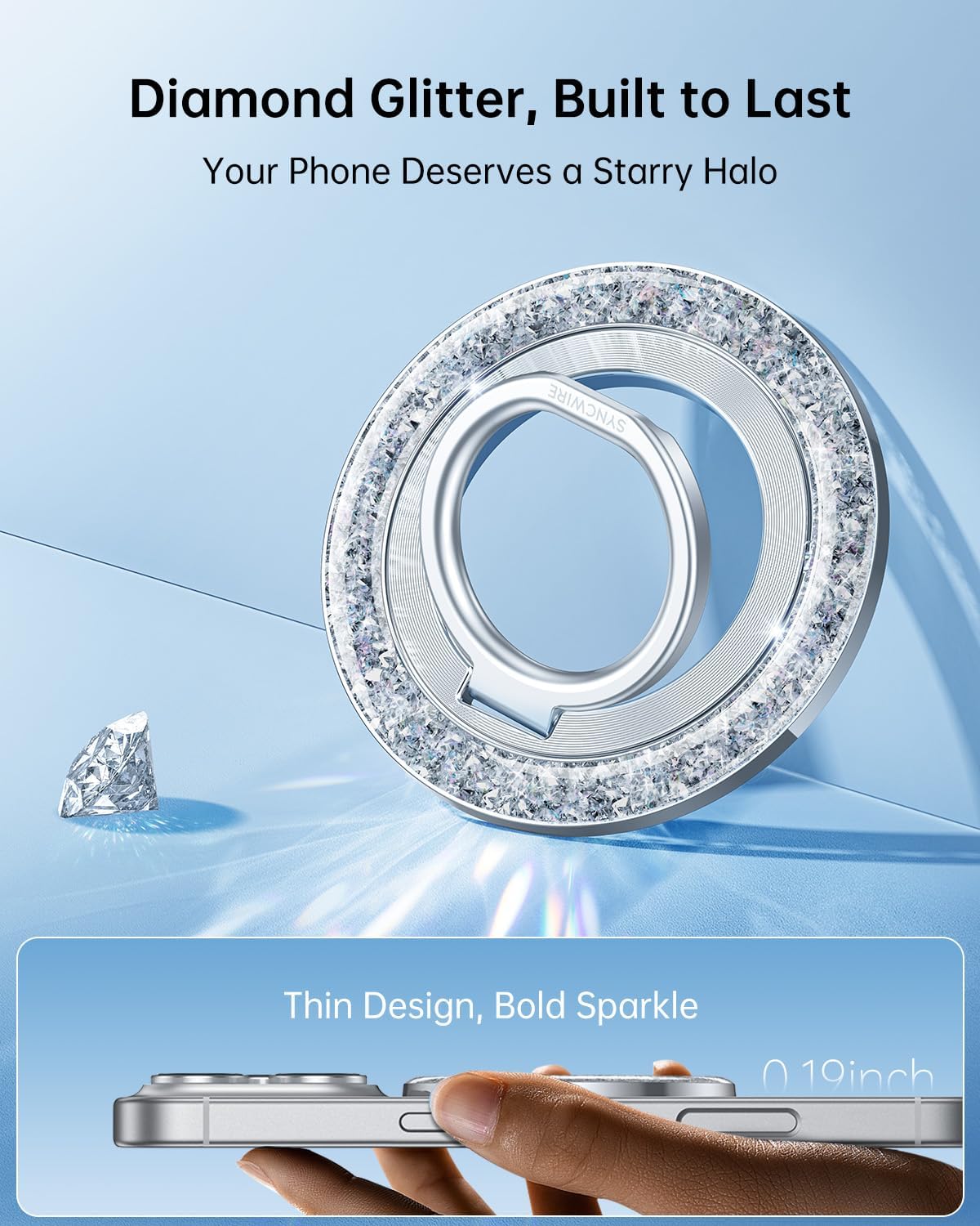 SYNCWIRE Magnetic Phone Ring Holder for MagSafe - Glitter Phone Grip Stand with 360° Rotation & Reinforced Hinge, Compatible with iPhone 16 15 14 13 Pro Max Plus MagSafe Accessories - Glitter Silver