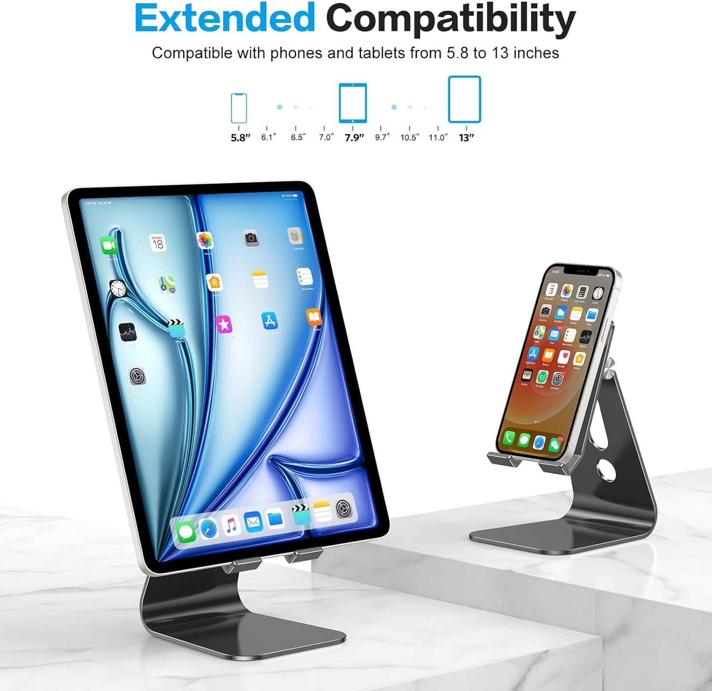 OMOTON Adjustable Tablet Stand for Desk, Upgraded Longer Arms for Greater Stability, T2 Tablet Holder with Hollow Design for Bigger Sized Phones and Tablets Such as iPad Pro/Air/Mini, Black