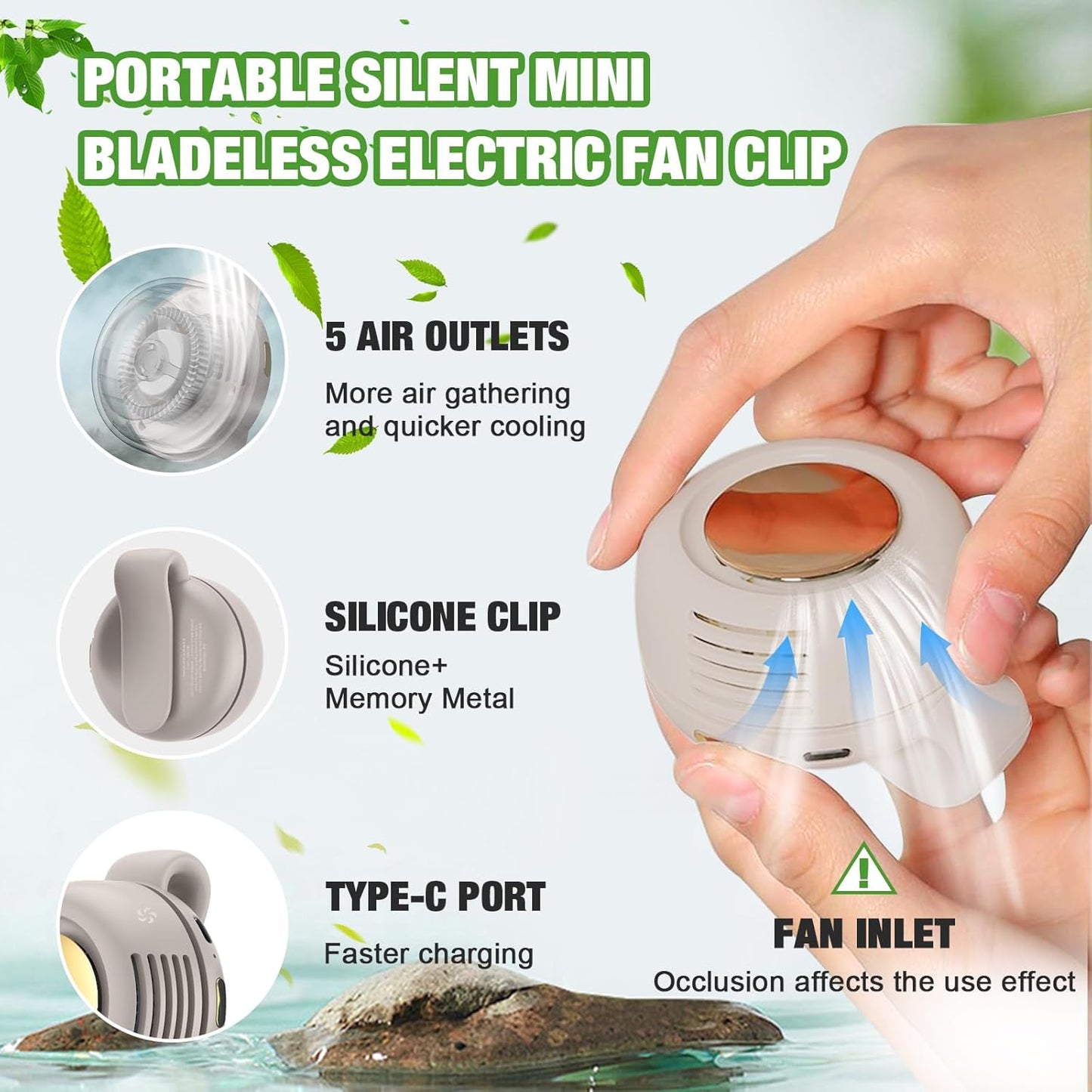 Portable Silent Mini Bladeless Fan Clip on, Portable Silent Mini Bladeless Electric Fan, For Outdoor & Travel & Office, Travel Accessories, Gift, Adjustable 3-Speed (Type-c, White)