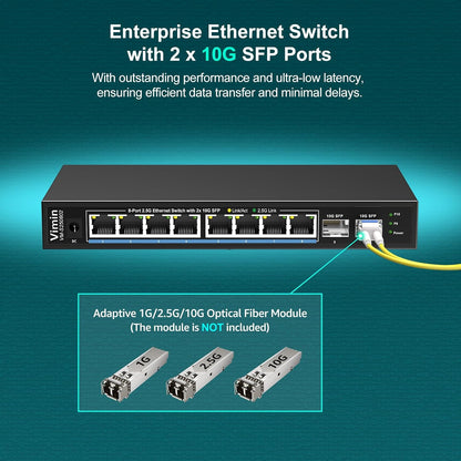 10 Port 2.5G Switch Unmanaged, VIMIN 8X 2.5G Switch Base-T Ports+2X 10G SFP Port, 80Gbps Switching Capacity, IEEE802.3, Metal Housing, Fanless, Work for 2.5Gbps NAS, Wireless AP & PC