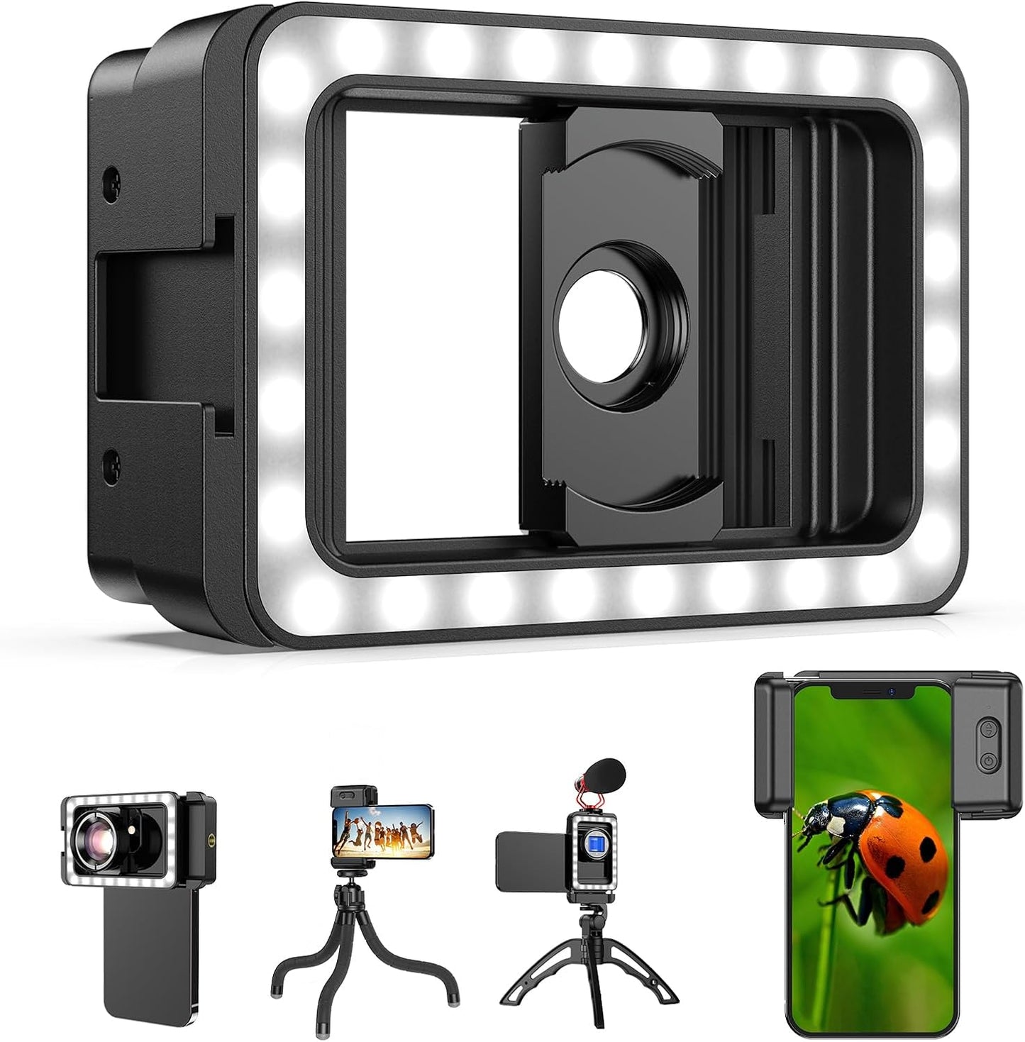 APEXEL 17mm+37mm Thread Adapter with LED Fill Light, One-Piece Phone Adapter for Android/iPhone, Attachments for Macro/Wide Angle/Fisheye/Flow/Radial/Star Filter/Kaleidoscope Lens