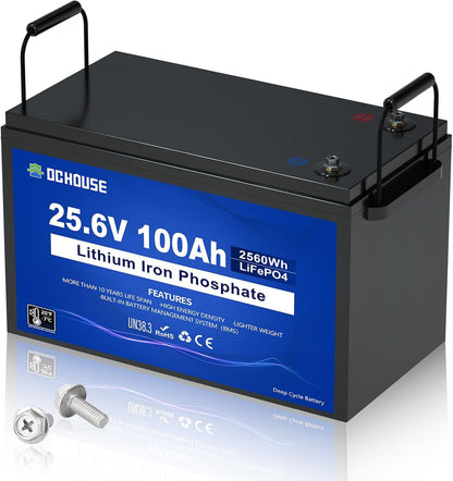 DC HOUSE 24V 100Ah LiFePO4 Lithium Battey, Low Temp Cut-Off BMS, Up to 15000 Cycles, Perfect for Trolling Motors, Marine, Boat, RV, Camper, Home Energy Storage