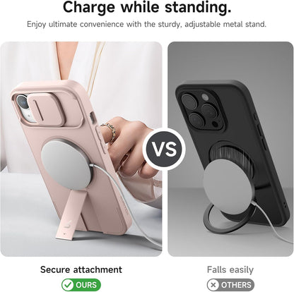 SURITCH for iPhone 13/14 Case with Magnetic Camera Slide Cover and Adjustable Kickstand, Compatible with MagSafe, Shockproof Bumper Case Slim Protective Cover for iPhone 13/14 6.1 Inch, Pink