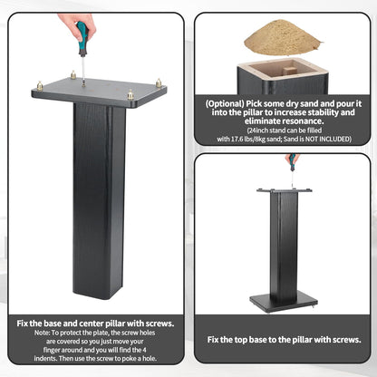 24 Inch Speaker Stands Wood Grain Universal Floor Speaker Stands Pair Heavy Duty Surround Sound Speaker Monitor Stand for Home Theater with Sand Filling Tuning Function - Black