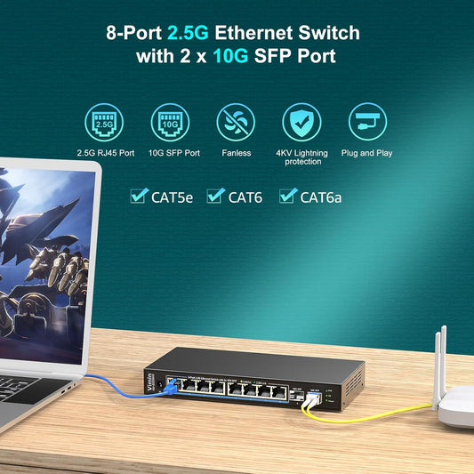 10 Port 2.5G Switch Unmanaged, VIMIN 8X 2.5G Switch Base-T Ports+2X 10G SFP Port, 80Gbps Switching Capacity, IEEE802.3, Metal Housing, Fanless, Work for 2.5Gbps NAS, Wireless AP & PC