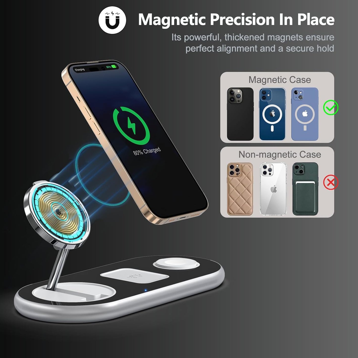 2025 Upgraded 3 in 1 Charging Station for Apple Devices, Fast Magnetic Mag-Safe Wireless Charger Stand for iPhone 16/15/14/13/12 Series & Apple Watch 1-10/Ultra & AirPods Pro (Silver)